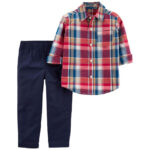 Carter's Size 3M 2-Piece Plaid Button-Front Shirt and Pant Set in Navy/red