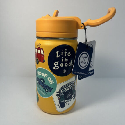 NWT Life Is Good Stainless Steel Kid Water Bottle Orange Truck Car 14 Oz Stra